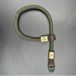 Hyperion X Checkered Olive/Black Rope - Dark Brown Leather Camera Strap - Bronze X Wrist