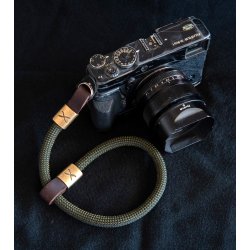 Hyperion X Checkered Olive/Black Rope - Dark Brown Leather Camera Strap - Bronze X Wrist