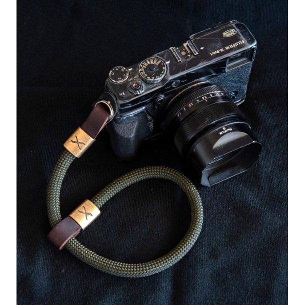 Hyperion X Checkered Olive/Black Rope - Dark Brown Leather Camera Strap - Bronze X Wrist